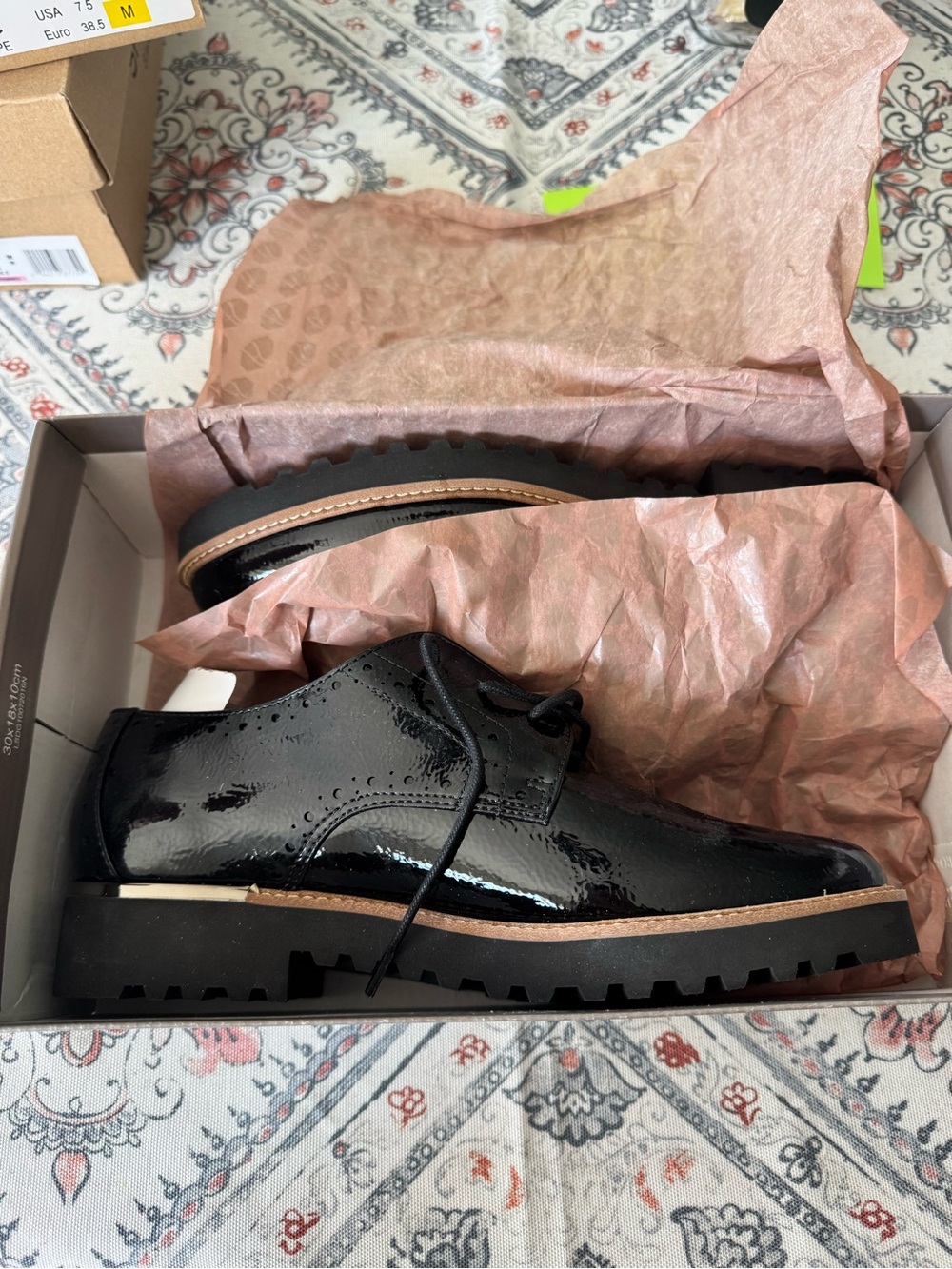 Franco Sarto Black Patent Leather Lace-Up Lug Sole Flats
